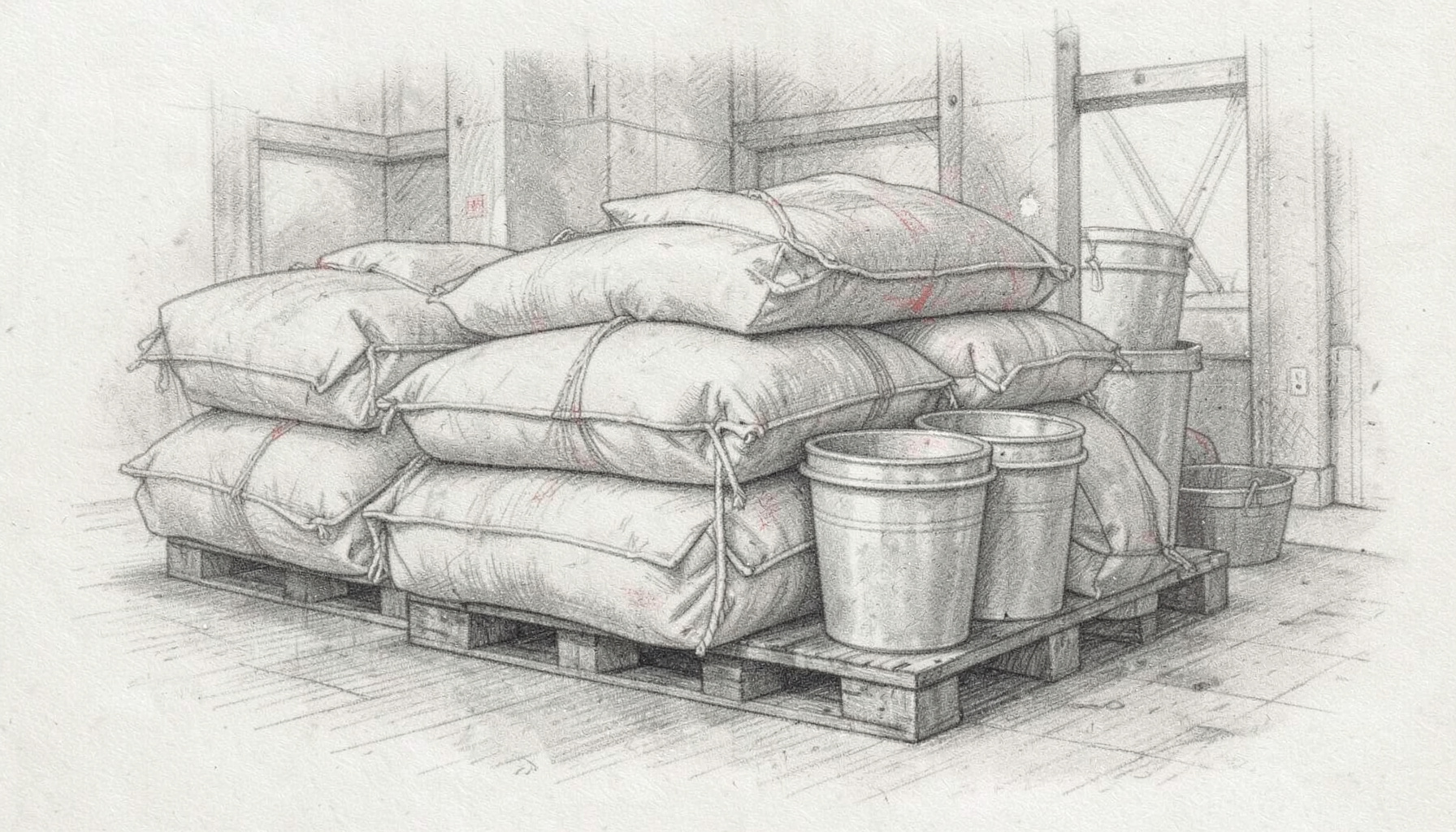 A graphite pencil sketch of stacked construction material sacks and buckets on a pallet in a warehouse, muted earth tones and soft grey shading, calm industrial atmosphere.
