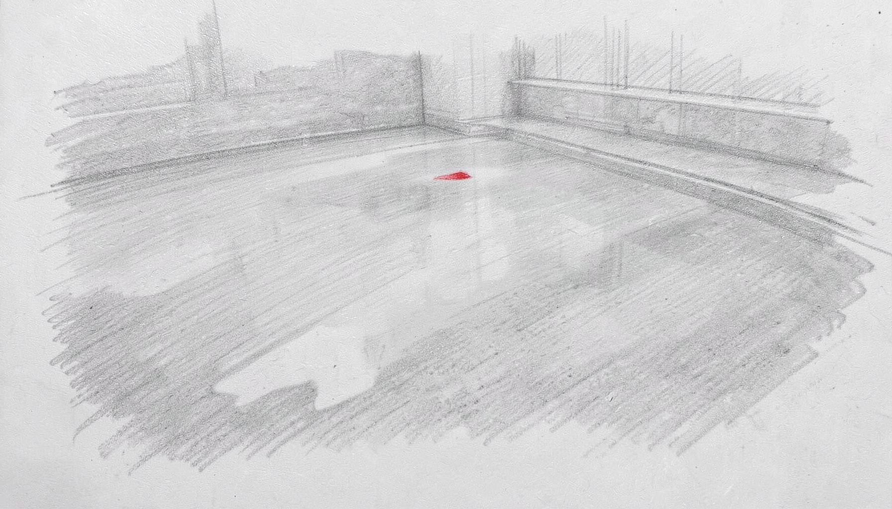 A graphite pencil sketch of a smooth, freshly poured cement floor surface with subtle reflections, rendered in soft grey gradients and delicate shading.