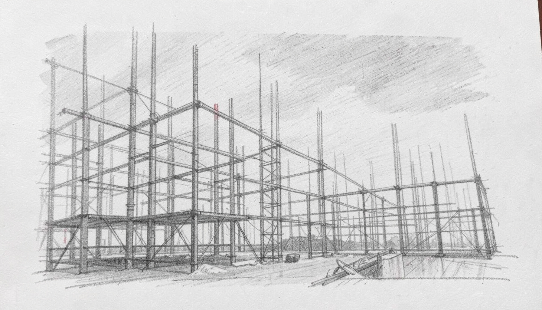 A graphite pencil sketch of an industrial construction site with steel rebar framework rising against a muted sky, conveying progress and engineering precision in soft grey tones.