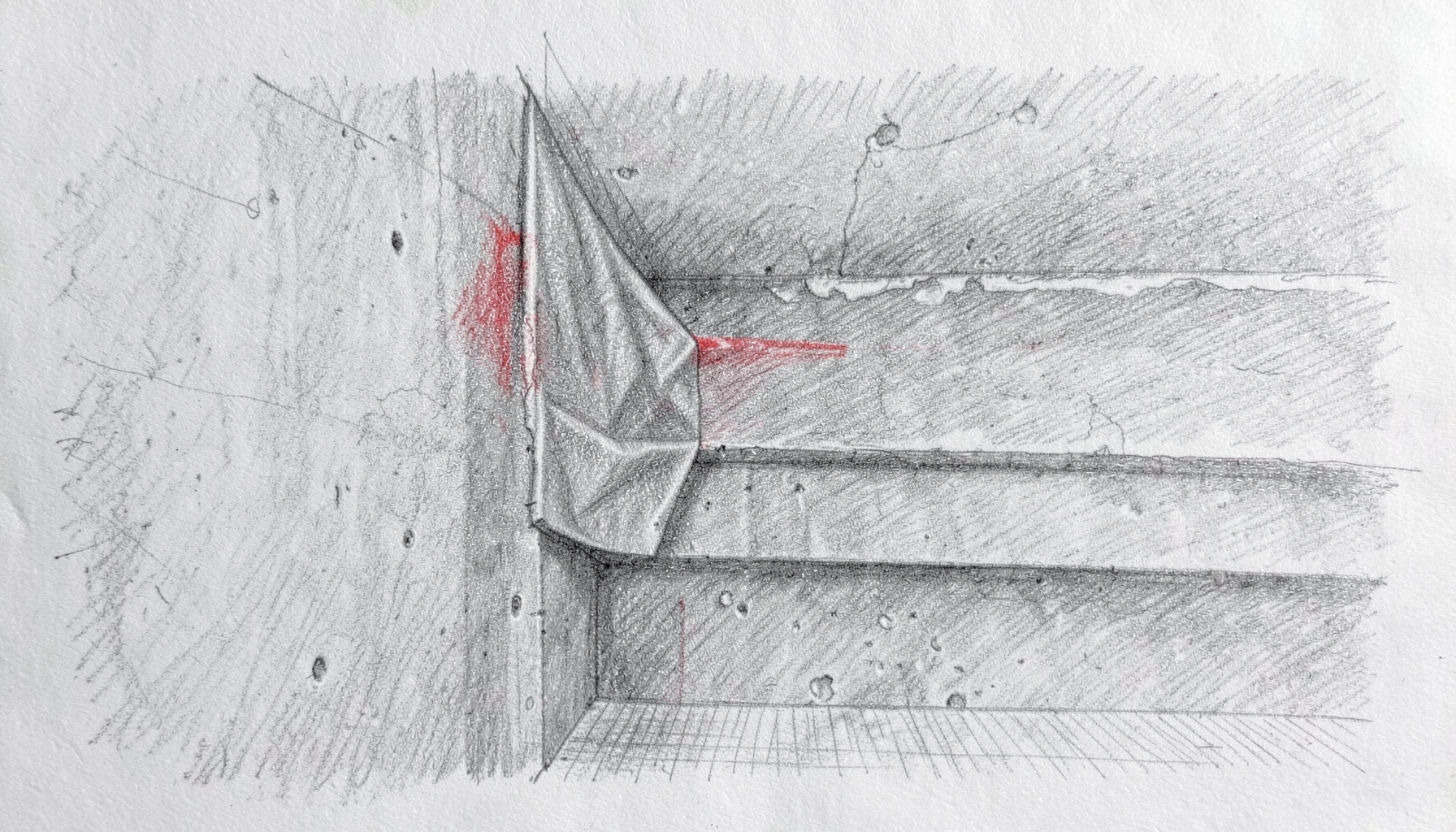 A graphite pencil sketch of a waterproof membrane being applied to a concrete wall, with layered textures suggesting moisture protection in subtle grey washes.