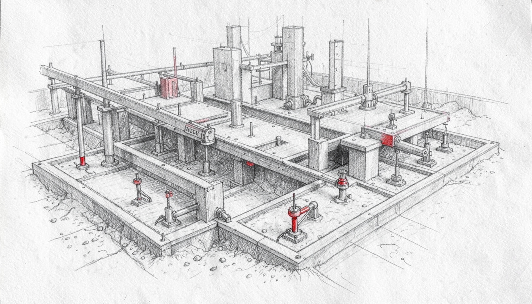 Graphite pencil sketch of heavy industrial plant foundations with precision equipment mounting pads, detailed mechanical anchoring and grout beds.
