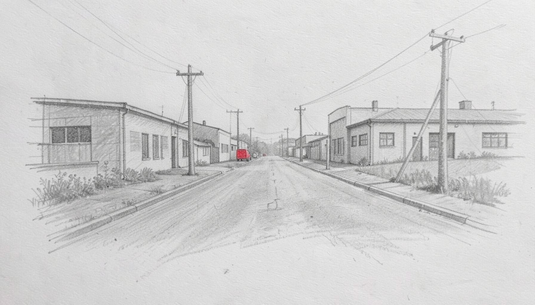 Graphite pencil sketch of a quiet industrial park road lined with low-rise factory buildings and utility poles, drawn in soft grey shading with a subdued, professional tone.