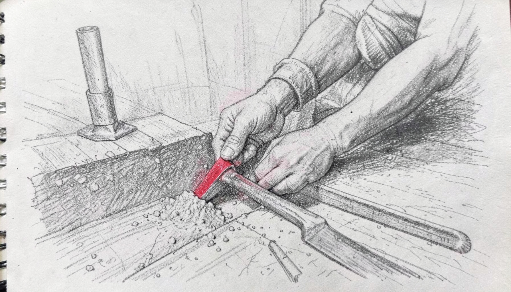 A graphite pencil sketch of a worker's hands troweling grout into a foundation joint, with construction tools nearby, drawn in detailed grey hatching.