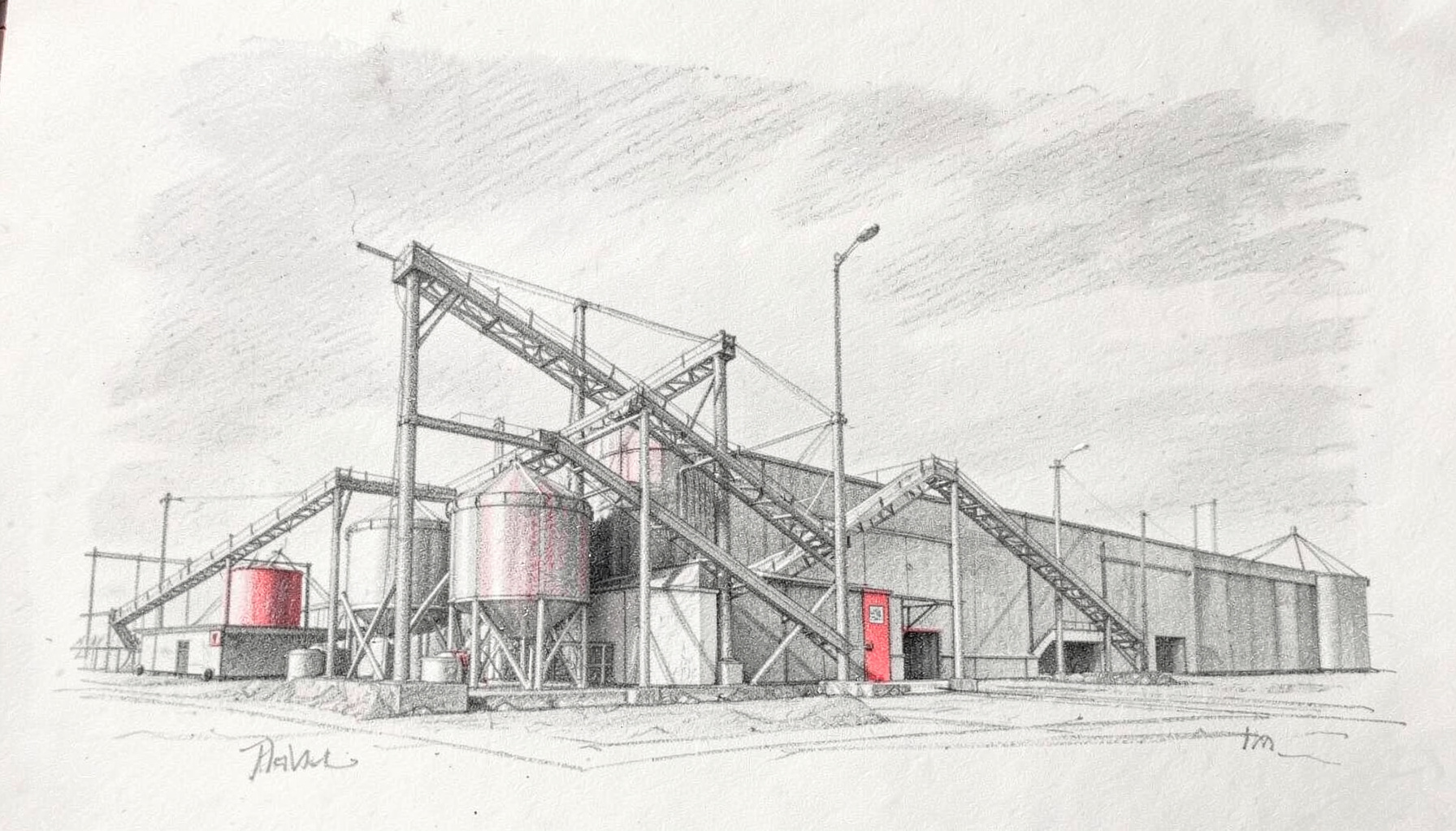Graphite pencil sketch of an industrial building materials facility with silos and conveyor structures, rendered in soft grey tones against a muted sky, conveying a calm industrial atmosphere.