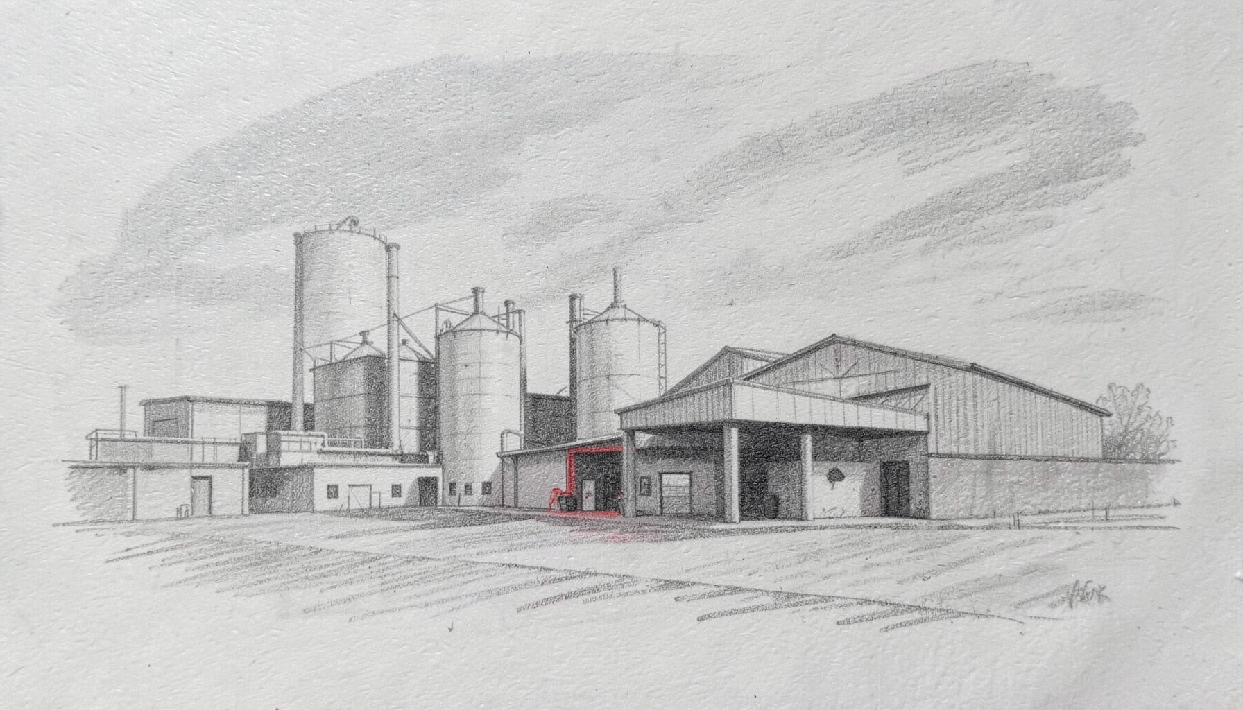Graphite pencil sketch of an industrial factory complex with silos and warehouse structures, rendered in soft gray tones against a muted sky, conveying a calm manufacturing atmosphere.