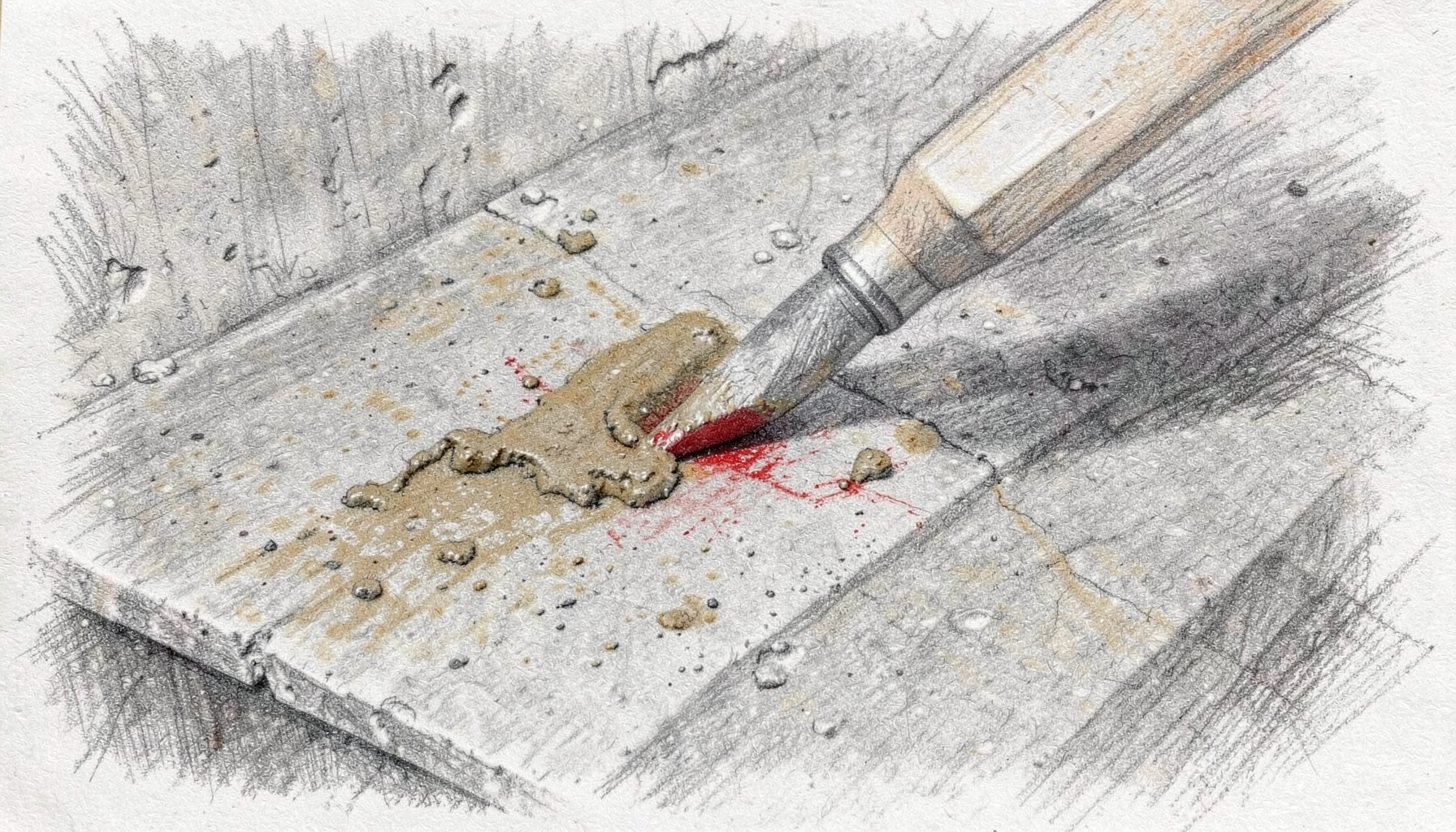 A graphite pencil sketch of a weathered concrete surface being carefully repaired with trowel-applied mortar, warm earthy grays and muted ochre tones, industrial yet meticulous atmosphere.